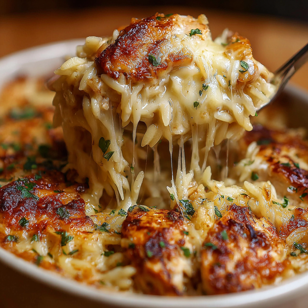 Comforting Cheesy Onion Chicken Orzo Casserole