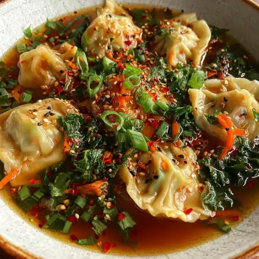 Comforting Spicy Asian Dumpling Potsticker Soup