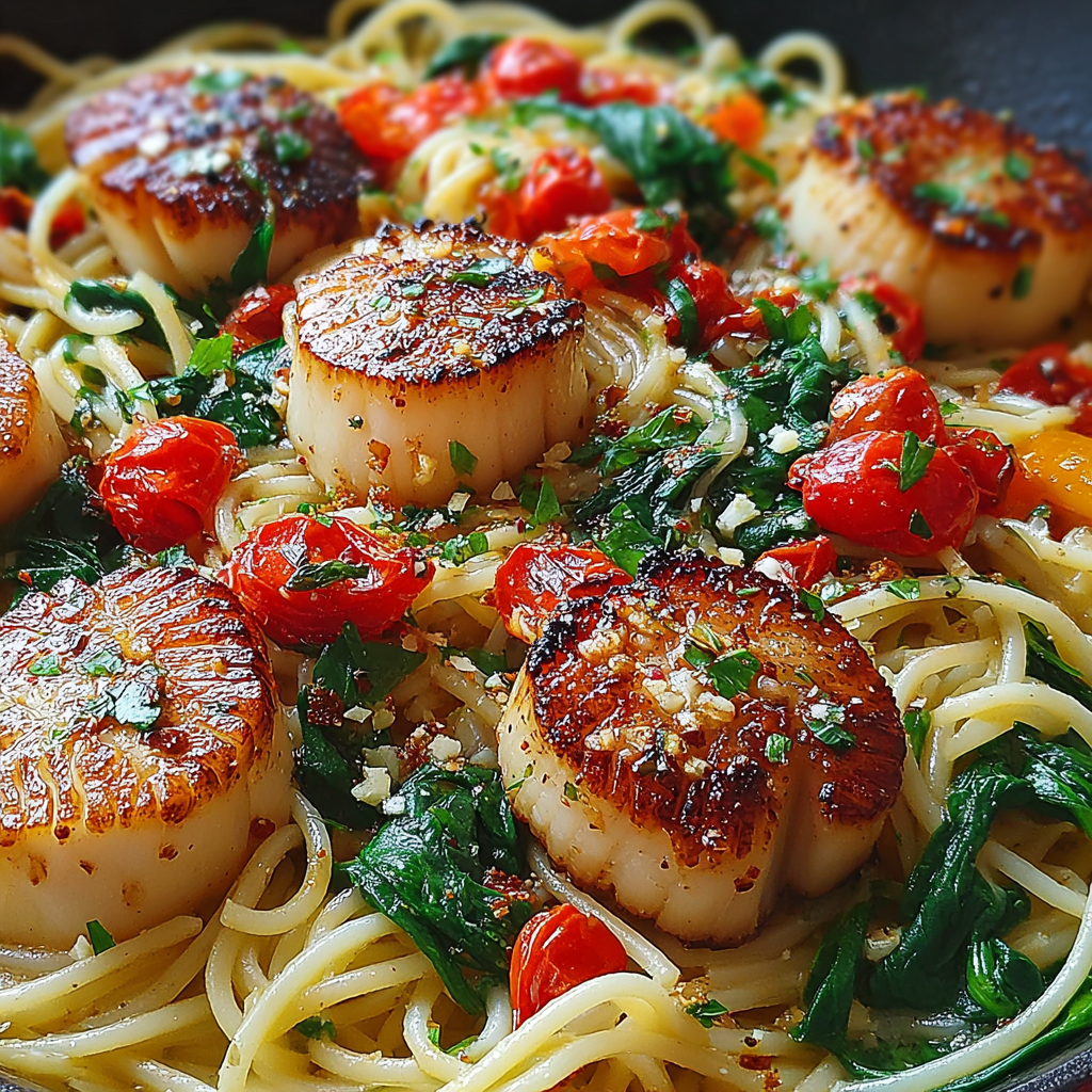 Delicious Scallop Pasta with Spinach and Tomatoes